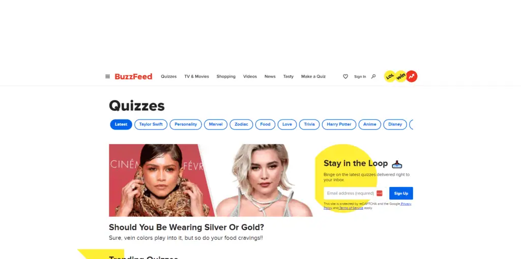 a screenshot of the Buzzfeed quizzes homepage
