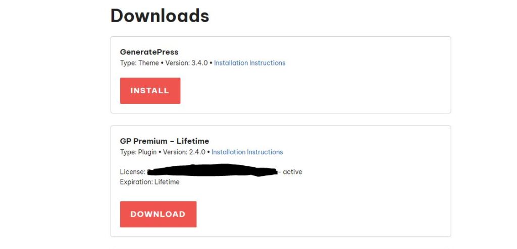 A screenshot of the GeneratePress Premium site download page