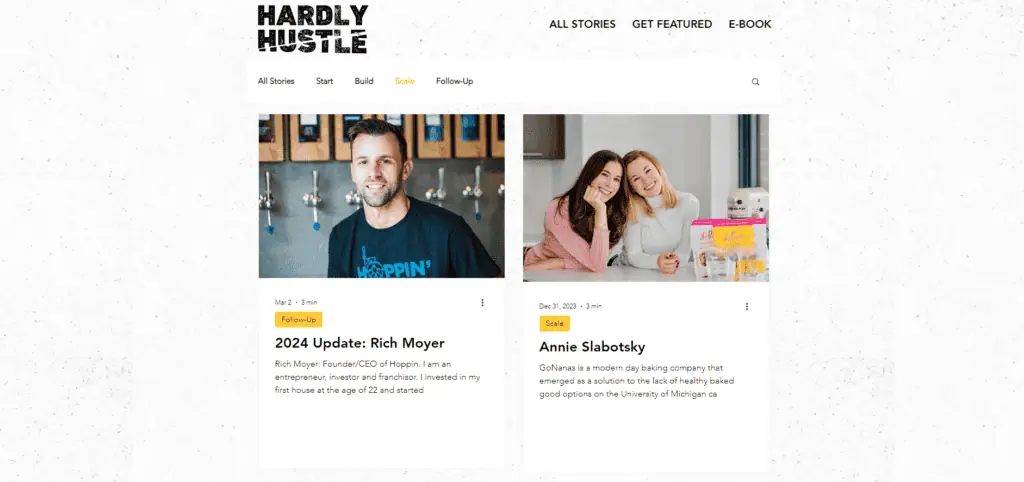 a screenshot of the Hardly Hustle stories page
