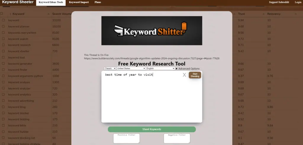 a screenshot of keyword shitter