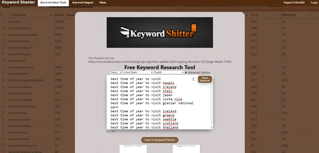 a screenshot of keyword shitter's results after running a scan