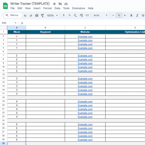 screenshot of a writer tracker template within Google Sheets