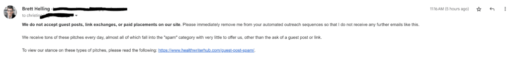 an example of an autoresponder that I set up to combat guest post email spam