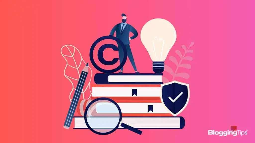 vector graphic showing an illustration of a man standing on books for the header of how to choose a blog name