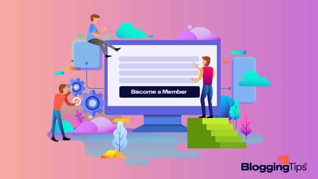 vector graphic showing an illustration of small people standing next to a giant computer monitor to illustrate how to create a membership site