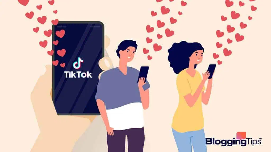 vector graphic showing an illustration of tiktok marketing - a person holding a phone and a tiktok user engaging with that brand - for how to make content for tiktok image