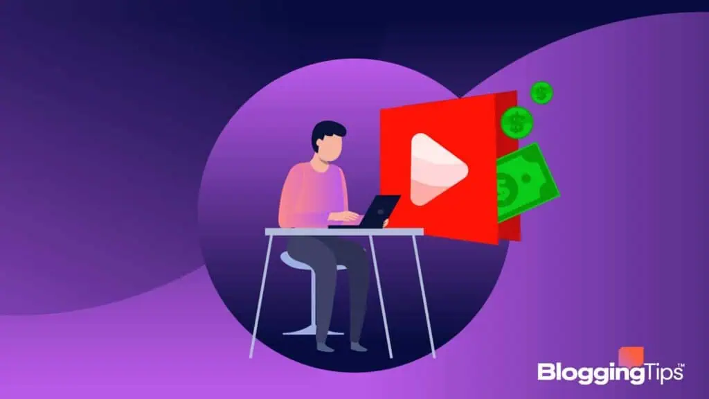 vector graphic showing an illustration of a man/woman sited to learn YouTube affiliate marketing showing how to start a money-making vlog