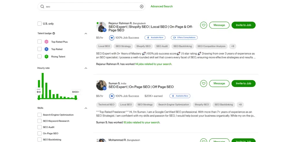 a screenshot of a talent search on Upwork