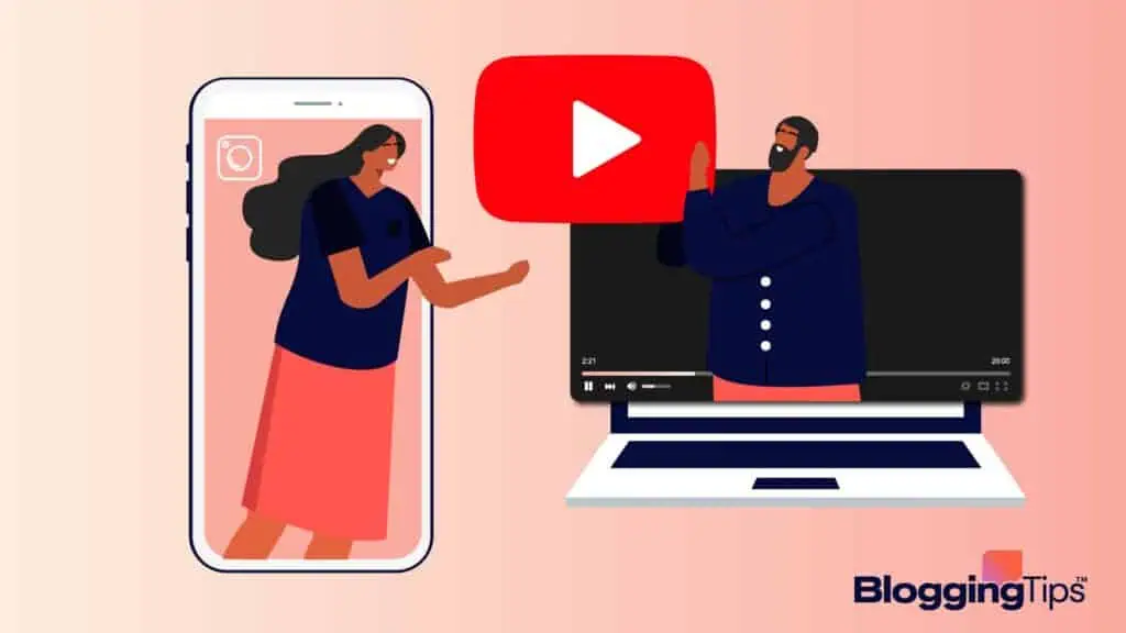 vector graphic showing an illustration of a man passing a YouTube logo to a woman near a mobile phone - header graphic for YouTube tools post